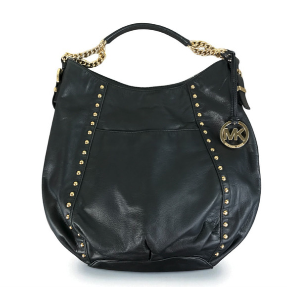 MICHAEL KORS Middleton Leather Satchel Shoulder Bag Black Gold Studded Chain Y2K - Picture 1 of 16